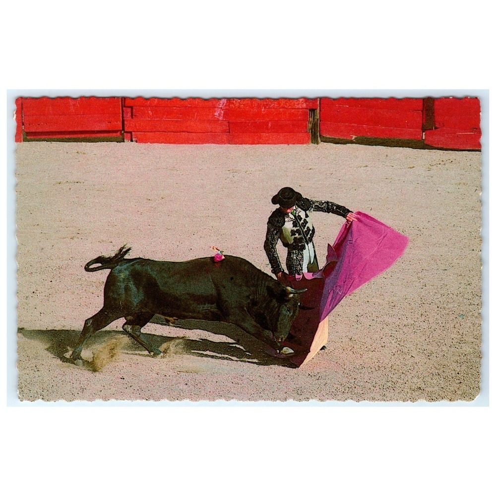 Bullfighter Cape Charging Bull Arena Sand Ring Red Rail Sonora Mexico Postcard